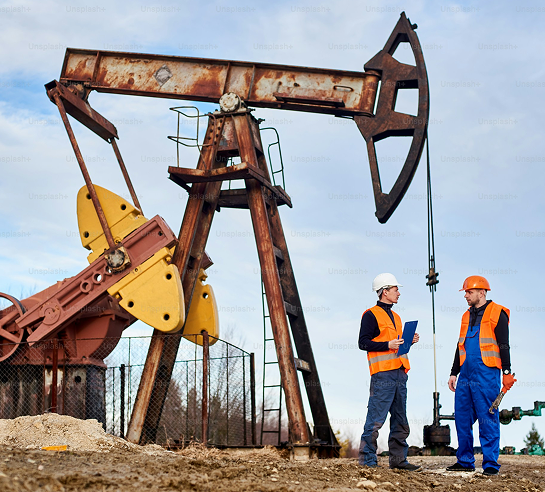 A couple of workers in front of an oil pumpjack.